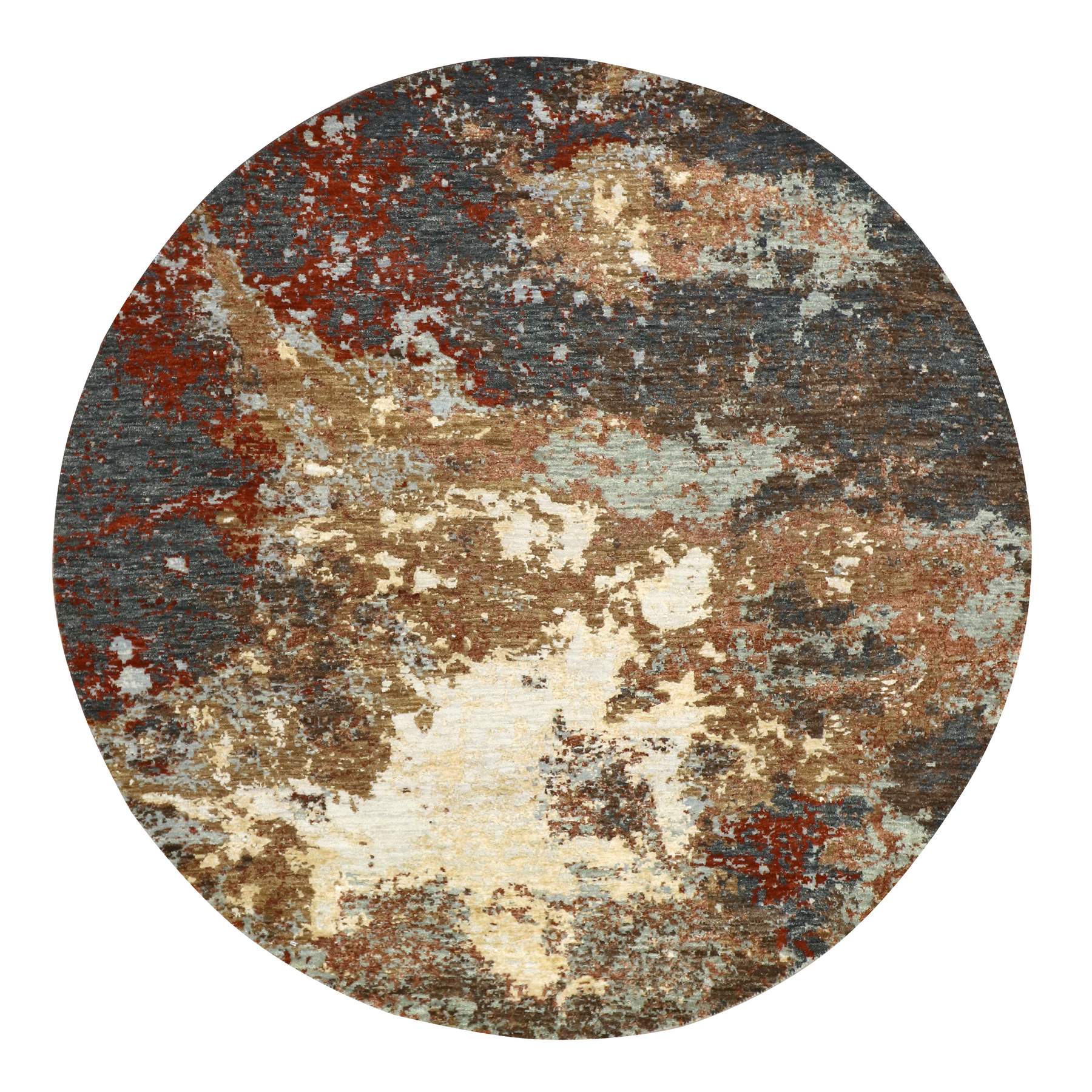 Charcoal Gray with Brown, Persian Knot, Abstract with Galaxy Design, 100% Wool, Hand Knotted, Densely Woven, Round, Oriental Rug